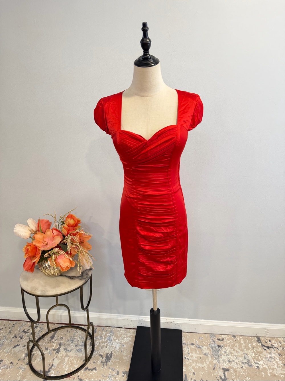 Guess Red Satin Ruched Pleated Sweetheart Mini Dress - Size 10